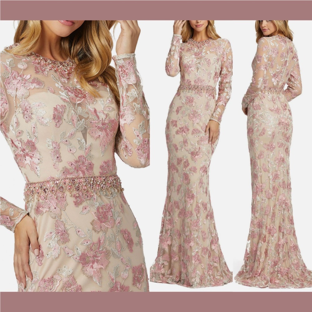 NWT $798 Mac Duggal [ 8 ] Floral Embroidered Long‎ Sleeve Trumpet Gown Nude Pink